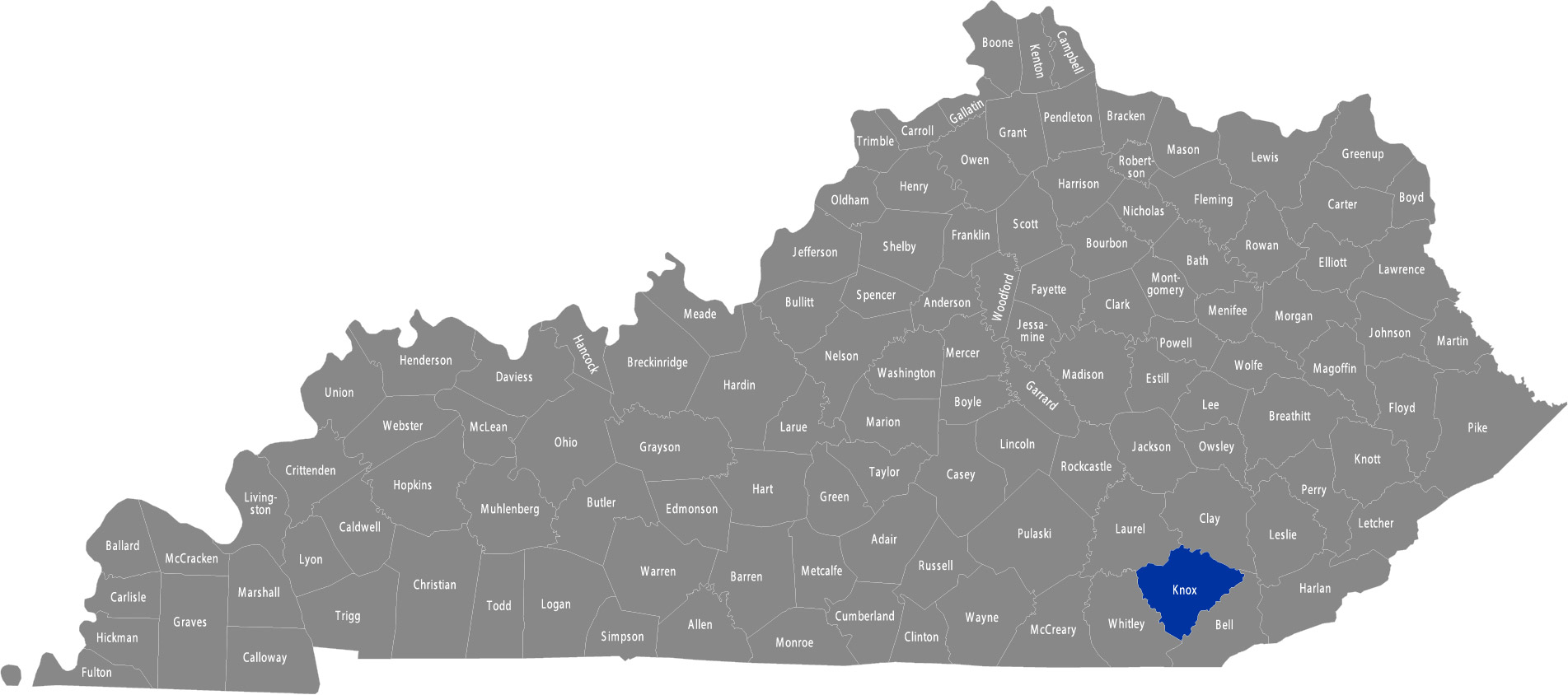 State of Kentucky map with Knox County highlighted&nbsp;